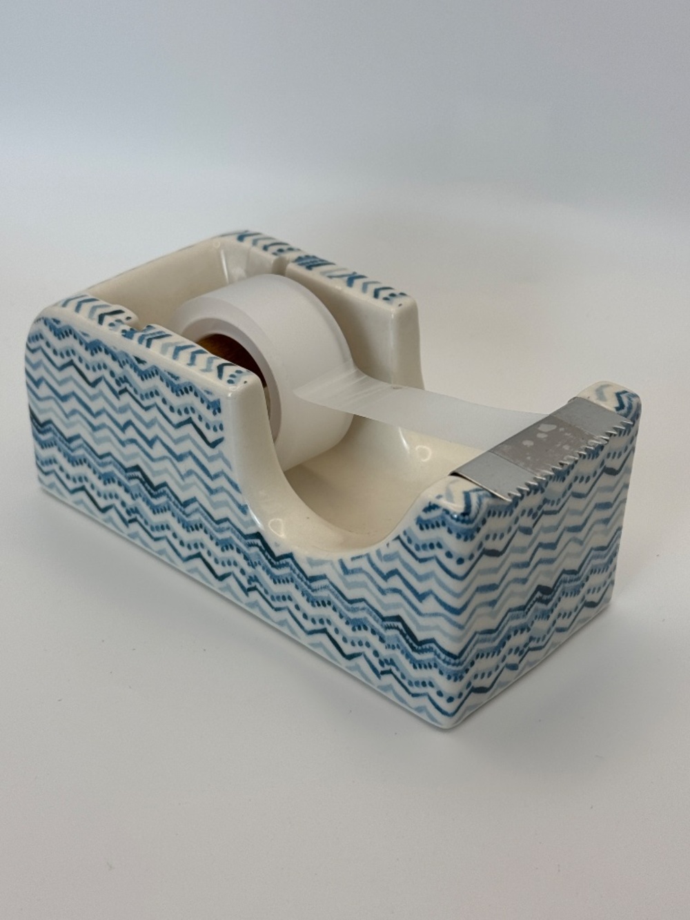 Ceramic Tape Dispenser Blue White Geometric Wavy Pattern Office Craft Room Decor